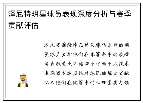 泽尼特明星球员表现深度分析与赛季贡献评估